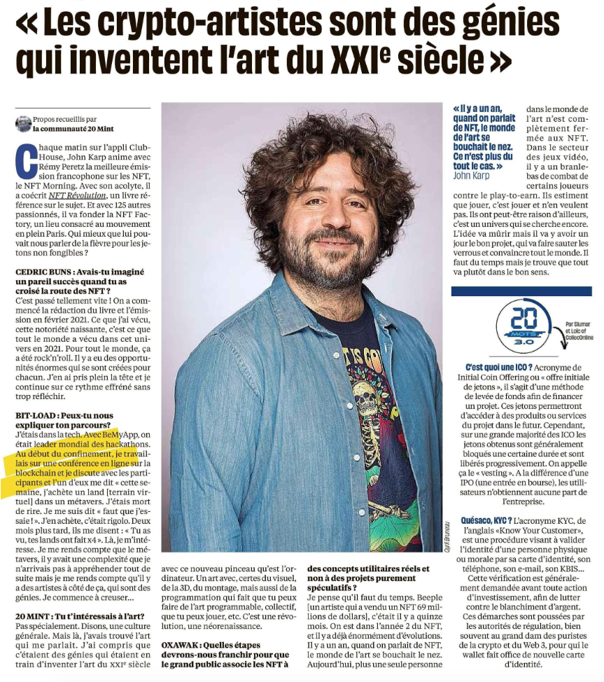 Interview de John Karp dans 20 minutes sur les crypto-artistes - Guilaine  Depis, attachée de presse (Balustrade)
